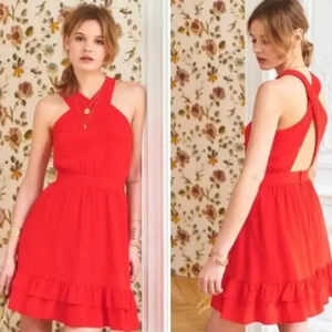 Sezane Editions Dress Alma Silk Red Tiered Ruffled Open Back Mini Dress Size 38